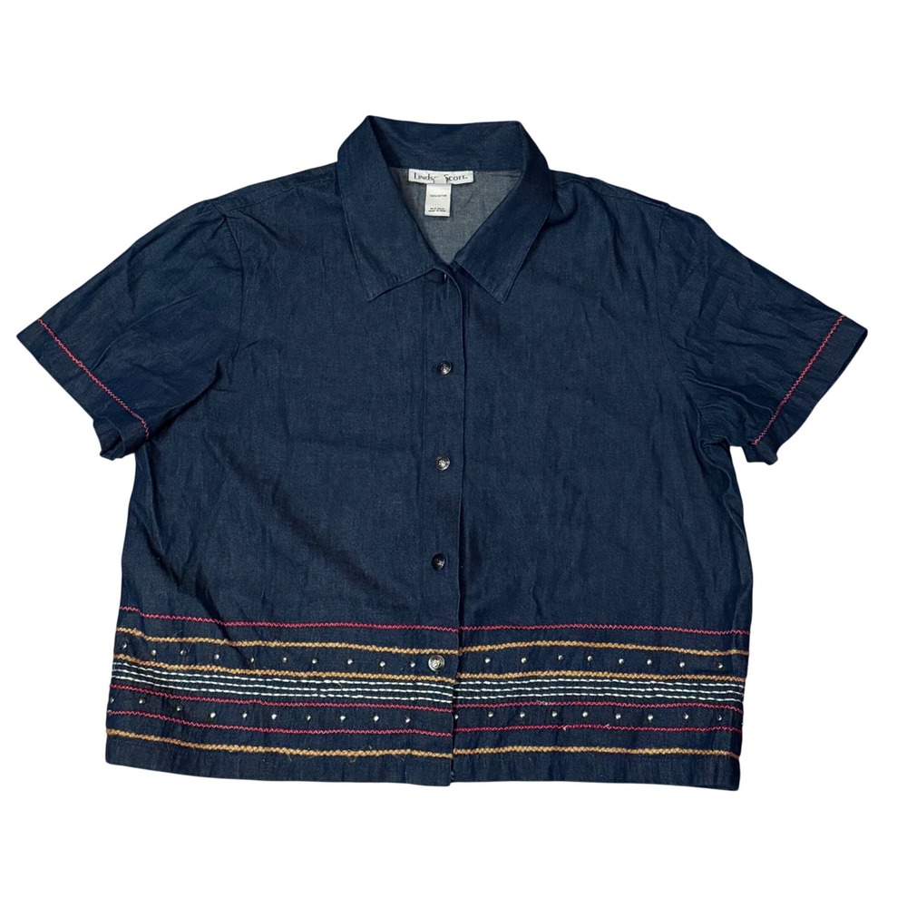 Lindsey Scott Womens Blue Denim Studded Embroidered Button Down Shirt XL 748142
